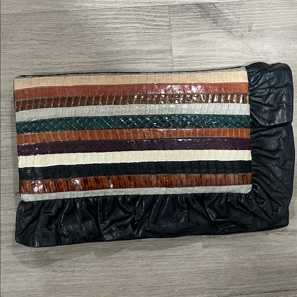 Stunning Vintage Multicolor Striped Snakeskin Clutch with Black Ruffle Edge‎